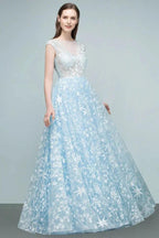 Long Appliqued Tulle A-line Cap Sleeves Prom Dresses