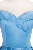 Long Ball Gown Off-shoulder Satin Blue Prom Dresses with Slit
