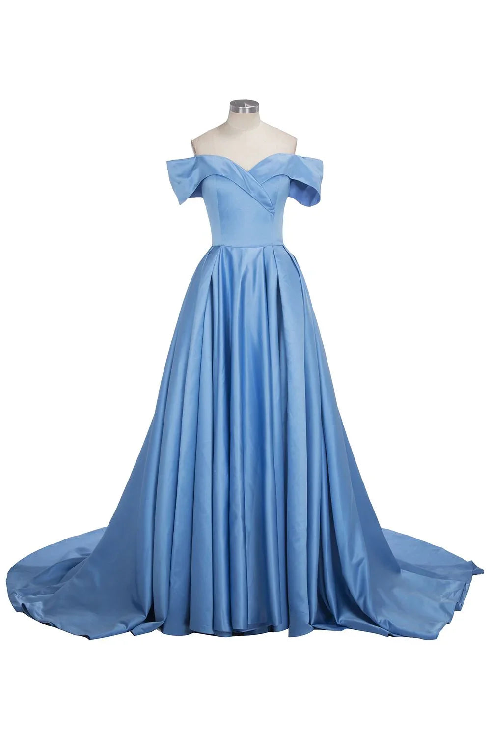 Long Ball Gown Off-shoulder Satin Blue Prom Dresses with Slit
