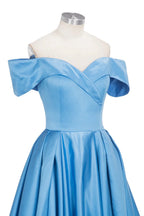 Long Ball Gown Off-shoulder Satin Blue Prom Dresses with Slit