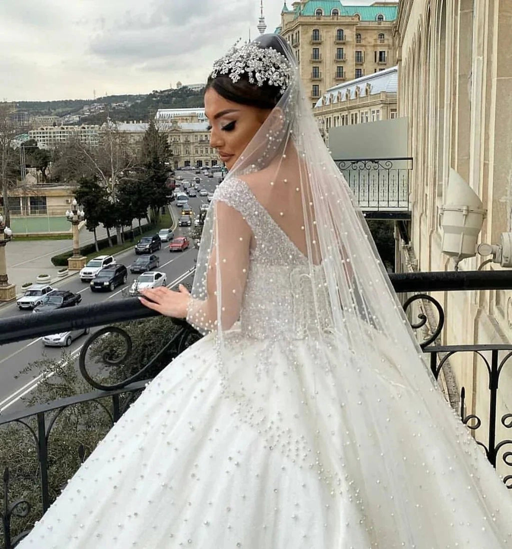 Long Ball Gown Sweetheart Off-the-Shoulder Backless Pearl Beading Ruffles Tulle Wedding Dress