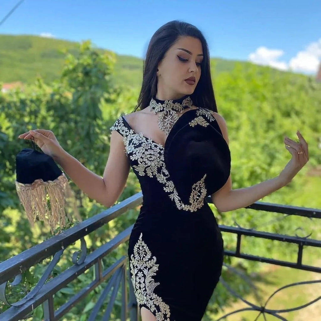 Long Black Mermaid High Neck Appliques Lace Velvet Prom Dress With Slit