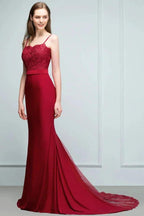 Long Burgundy Mermaid Spaghetti Sweetheart Appliques Prom Dresses with Beads