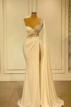 Long Mermaid Asymmetrical Ruffles Beading Satin Prom Dress With High Slit