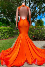 Long Mermaid Deep Sequined V-neck Stretch Satin Backless Prom Dress with Appliques
