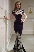 Long Mermaid High Neck Appliques Lace Backless Velvet Prom Dress