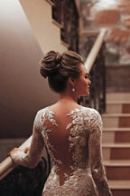 Long Mermaid High Neck Appliques Lace Backless Wedding Dress with Sleeves