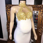 Long Mermaid High Neck Appliques White Pregnant Formal Dresses