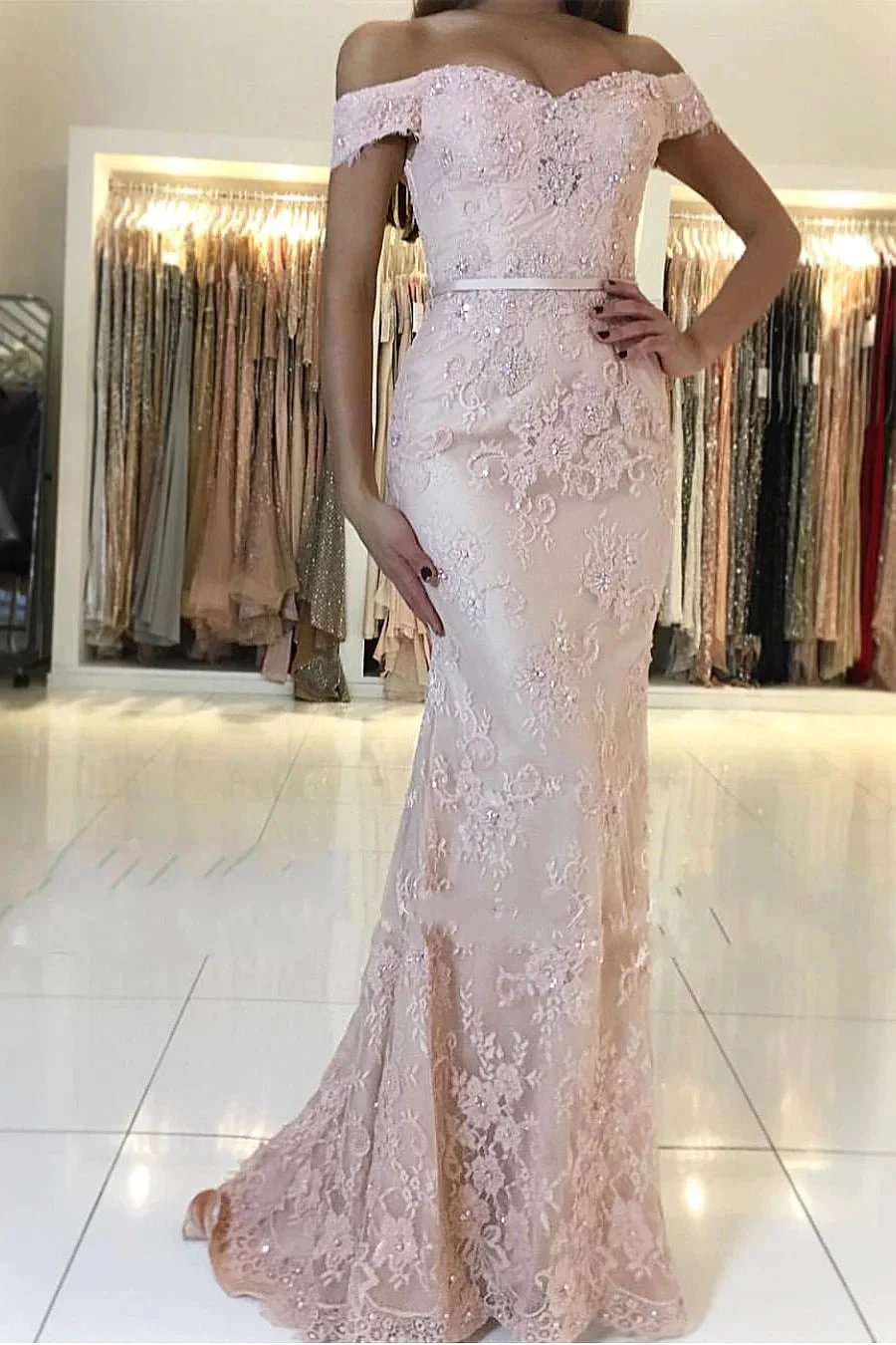 Long Mermaid Off-the-shoulder Backless Appliques Lace Prom Dress