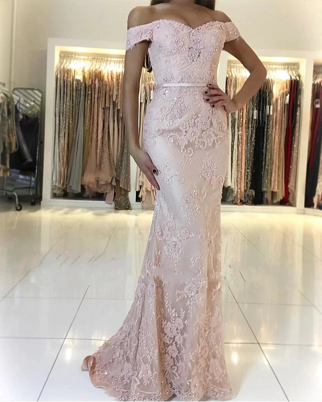 Long Mermaid Off-the-shoulder Backless Appliques Lace Prom Dress