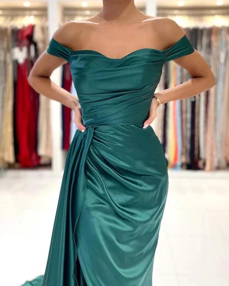 Long Mermaid Off-the-shoulder Backless Front Slit Prom Dress With Side Train