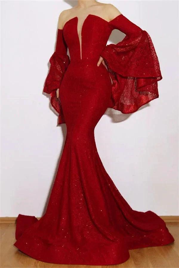 Long Mermaid Off-the-shoulder Sequined Formal Dress with Sleeves