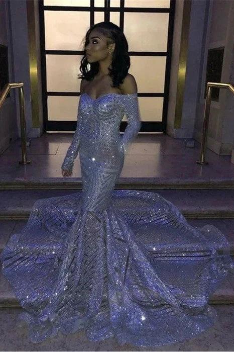 Long Mermaid Off the shoulder Sequins Prom Dresses with Sleeves