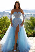 Long Mermaid Off-the-shoulder Tulle Glitter Prom Dress with Slit