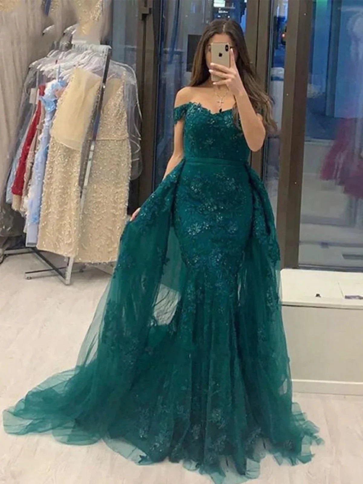 Long Mermaid Off the Shoulder Tulle Lace Formal Graduation Prom Dresses