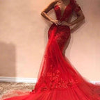 Long Mermaid One Shoulder Appliques Lace Tulle Red Prom Dress