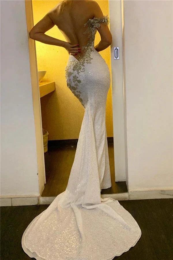 Long Mermaid One Shoulder Appliques Sequined Backless Formal Evening Dresses