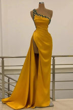 Long Mermaid One Shoulder Beading Backless Prom Dress with Slit