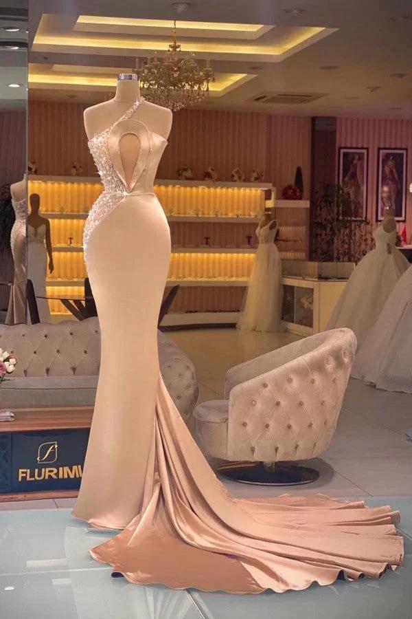 Long Mermaid One Shoulder Keyhole Crystal Prom Dress With Side Train
