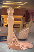 Long Mermaid One Shoulder Keyhole Crystal Prom Dress With Side Train