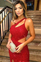 Long Mermaid One Shoulder Sequined Red Prom Dress with Slit