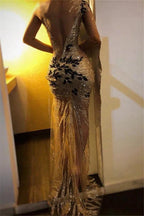 Long Mermaid One Shoulder Tulle Lace See through Prom Dress