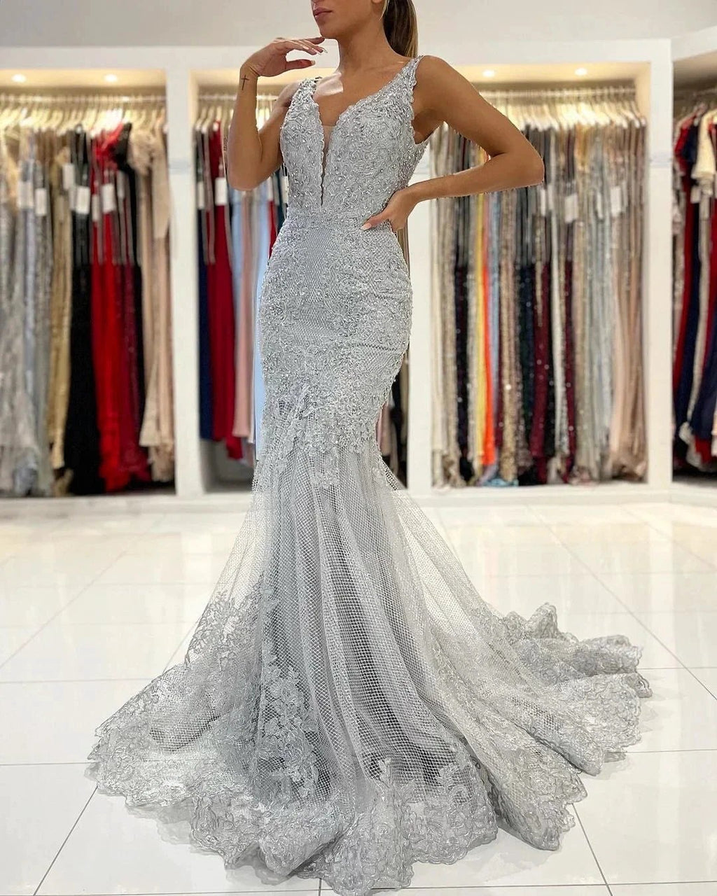 Long Mermaid Open Back V-neck Tulle Lace Prom Dress