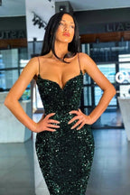 Long Mermaid Sequined Dark Green Prom Dress