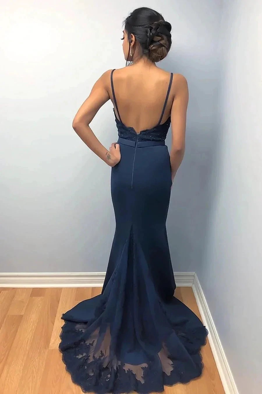 Long Mermaid Spaghetti Straps Backless Lace Beaded Prom Formal Evening Dresses