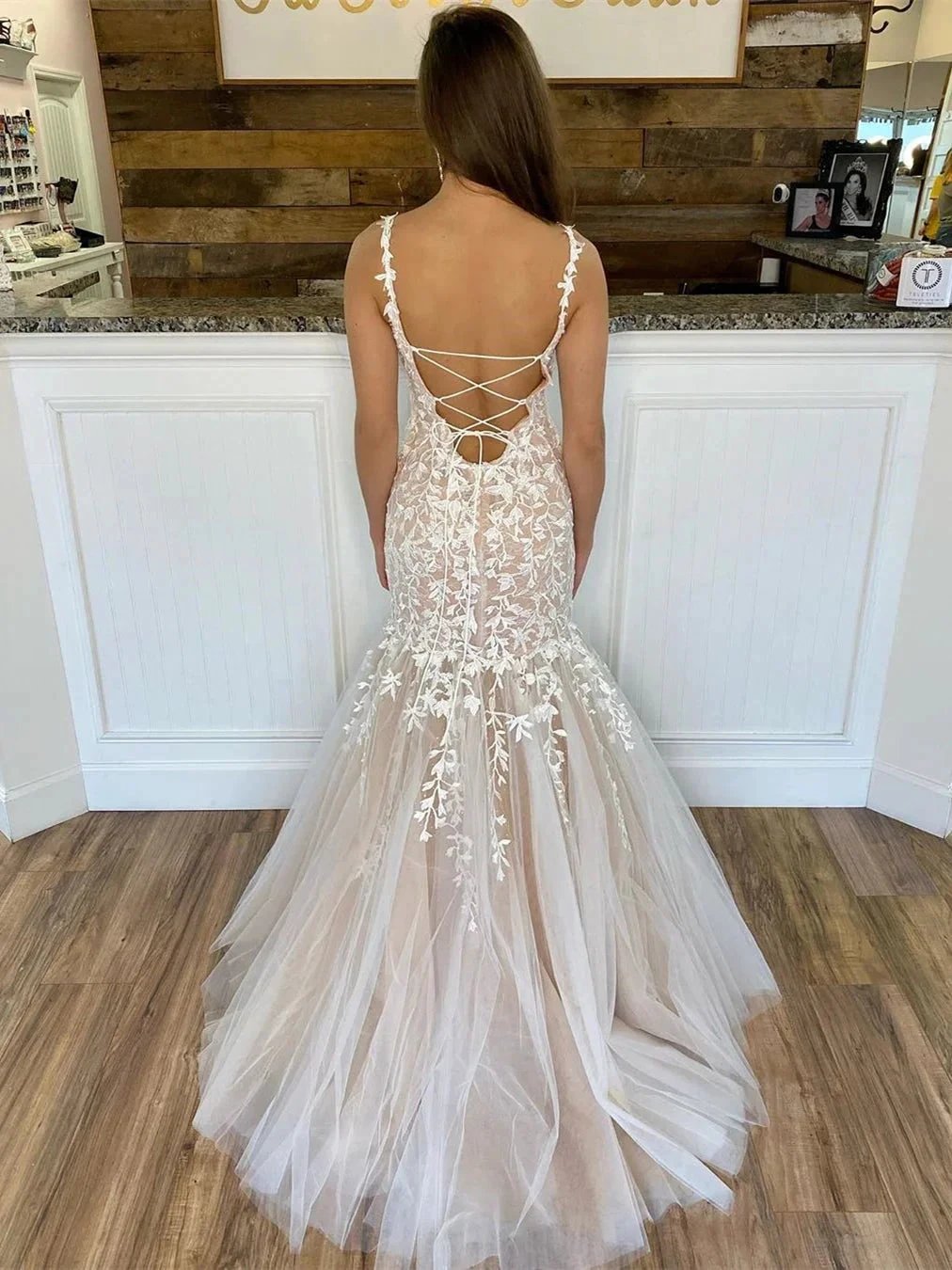 Long Mermaid Spaghetti Straps Tulle Lace Backless Formal Prom Dresses