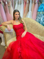 Long Mermaid Spaghetti Straps Tulle Lace Open Back Prom Dress Red Formal Evening Gowns