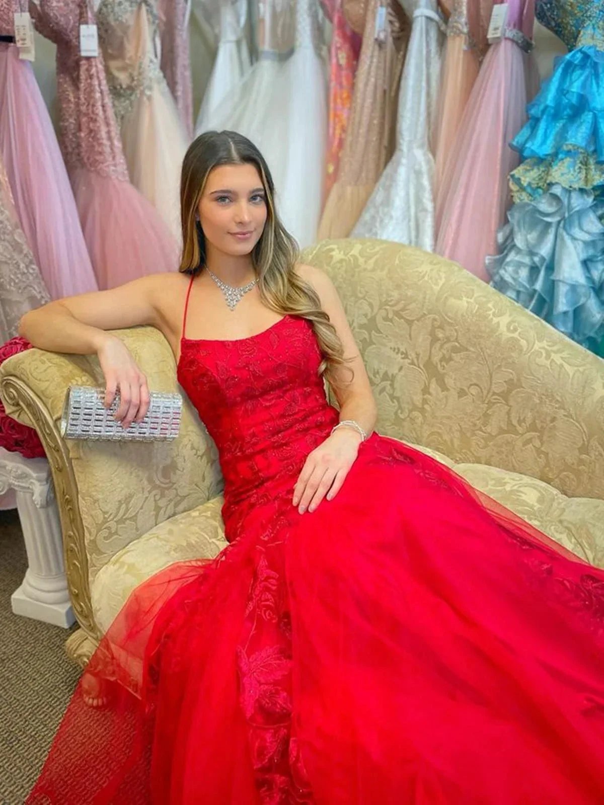 Long Mermaid Spaghetti Straps Tulle Lace Open Back Prom Dress Red Formal Evening Gowns