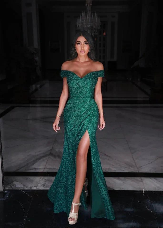 Long Mermaid Sweetheart Off-the-shoulder Green Prom Dresses with Slit