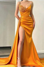 Long Mermaid Sweetheart Ruched Satin Front Slit Prom Dress with Side Sweep Train