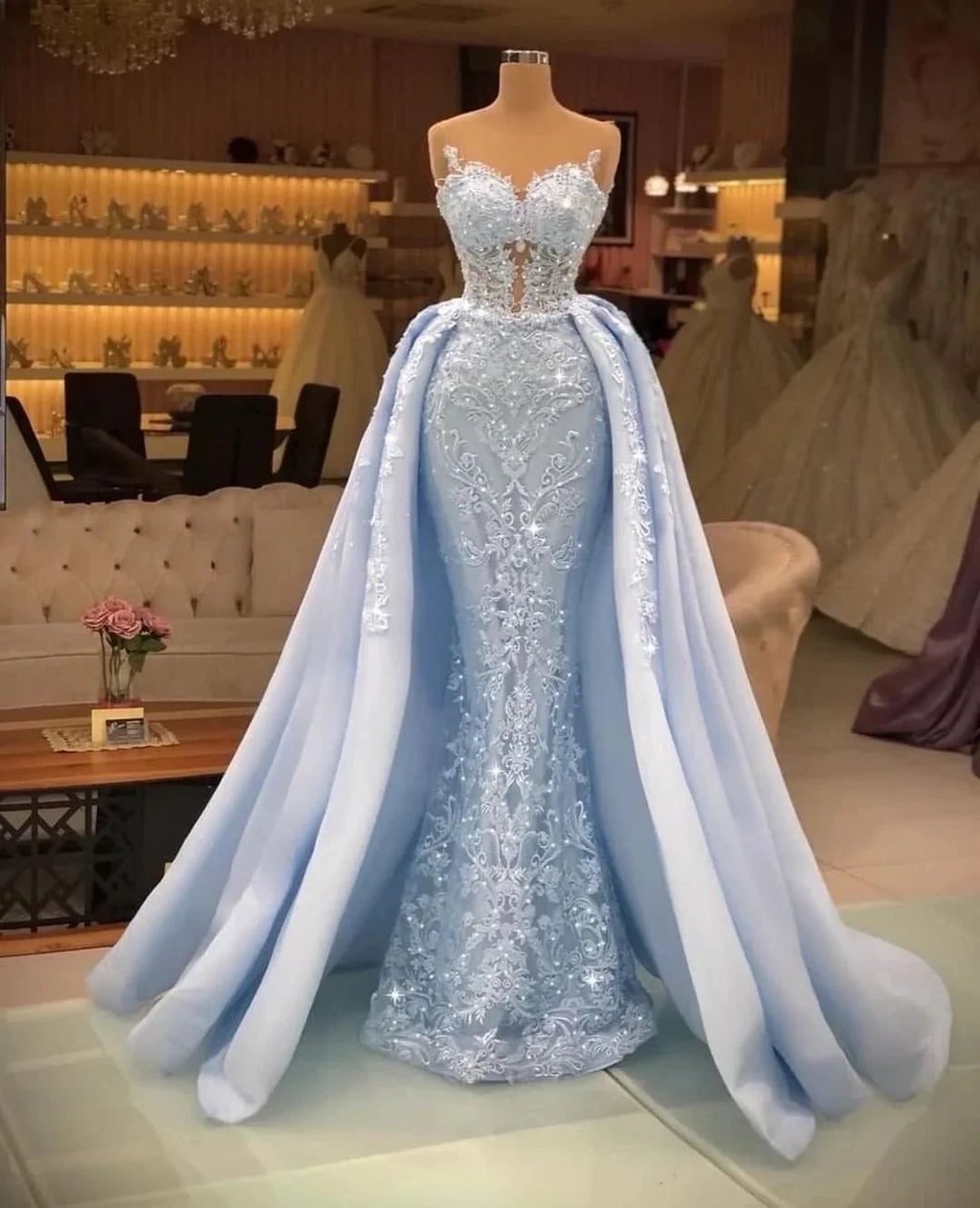 Long Mermaid Sweetheart Tulle Glitter Prom Dress with Detachable Sweep Train