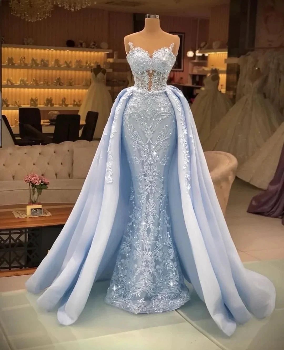 Long Mermaid Sweetheart Tulle Glitter Prom Dress with Detachable Sweep Train