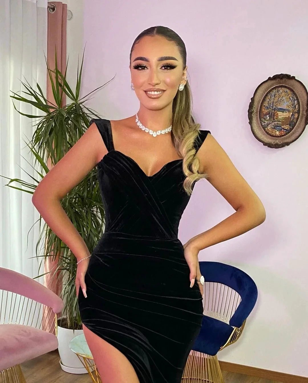 Long Mermaid Sweetheart Velvet Black Formal Prom Dresses with Slit