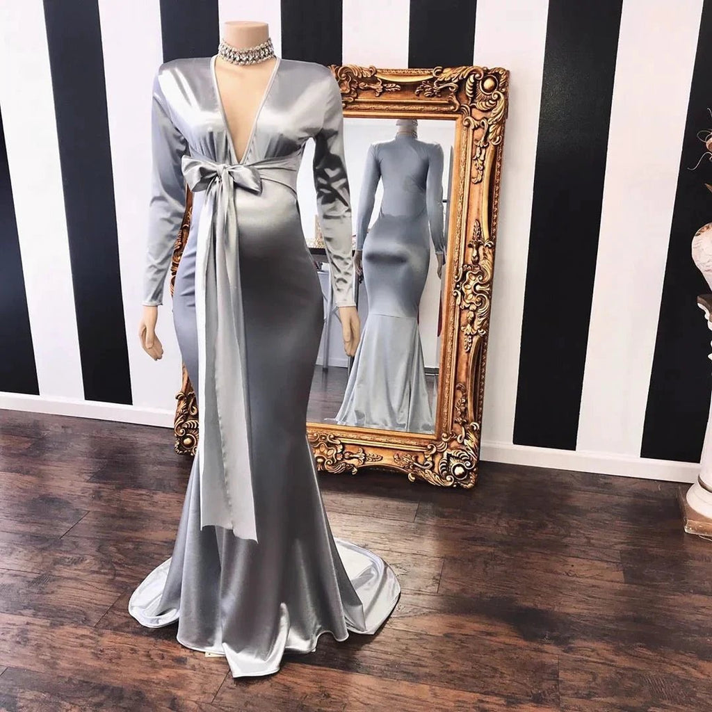 Long Mermaid V-neck Adjustable Pregnant Formal Dresses with Sleeves