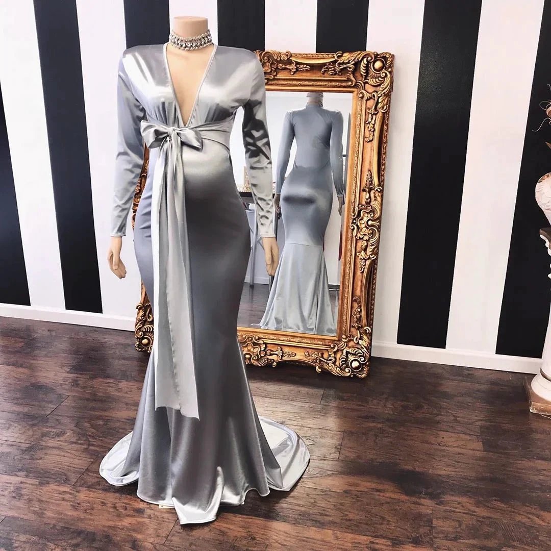 Long Mermaid V-neck Adjustable Pregnant Formal Dresses with Sleeves