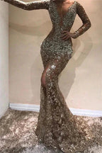 Long Mermaid V-neck Appliques Lace Front Slit Prom Dress with Sleeves