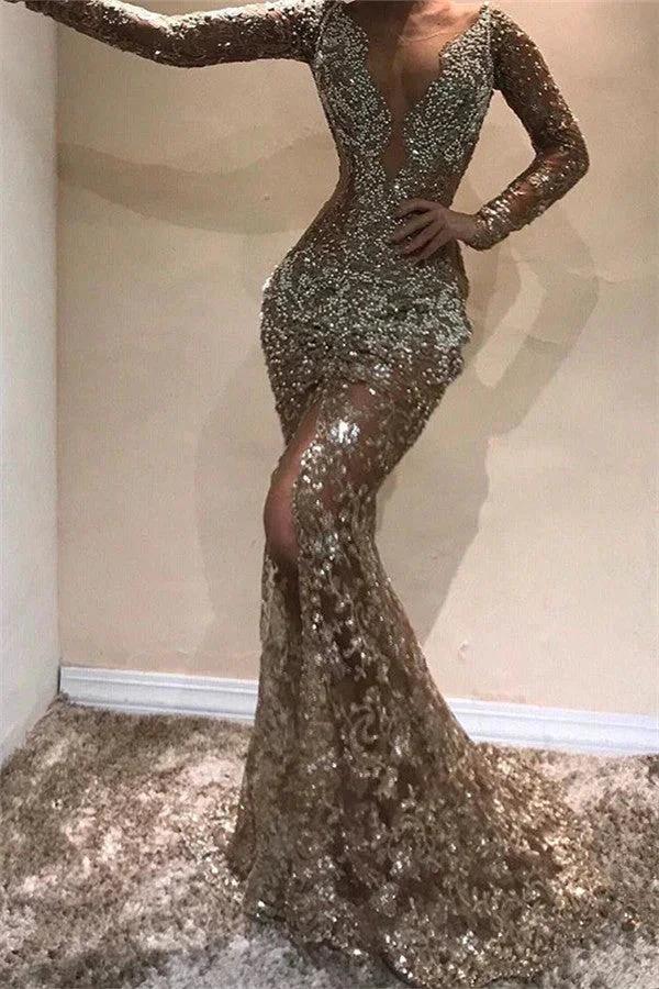 Long Mermaid V-neck Appliques Lace Front Slit Prom Dress with Sleeves