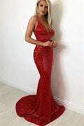 Long Mermaid V-neck Backless Sequined Formal Prom Dresses