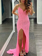 Long Mermaid V Neck Backless Sequins Prom Dress with Slit Pink Formal Graduation Evening Dresses
