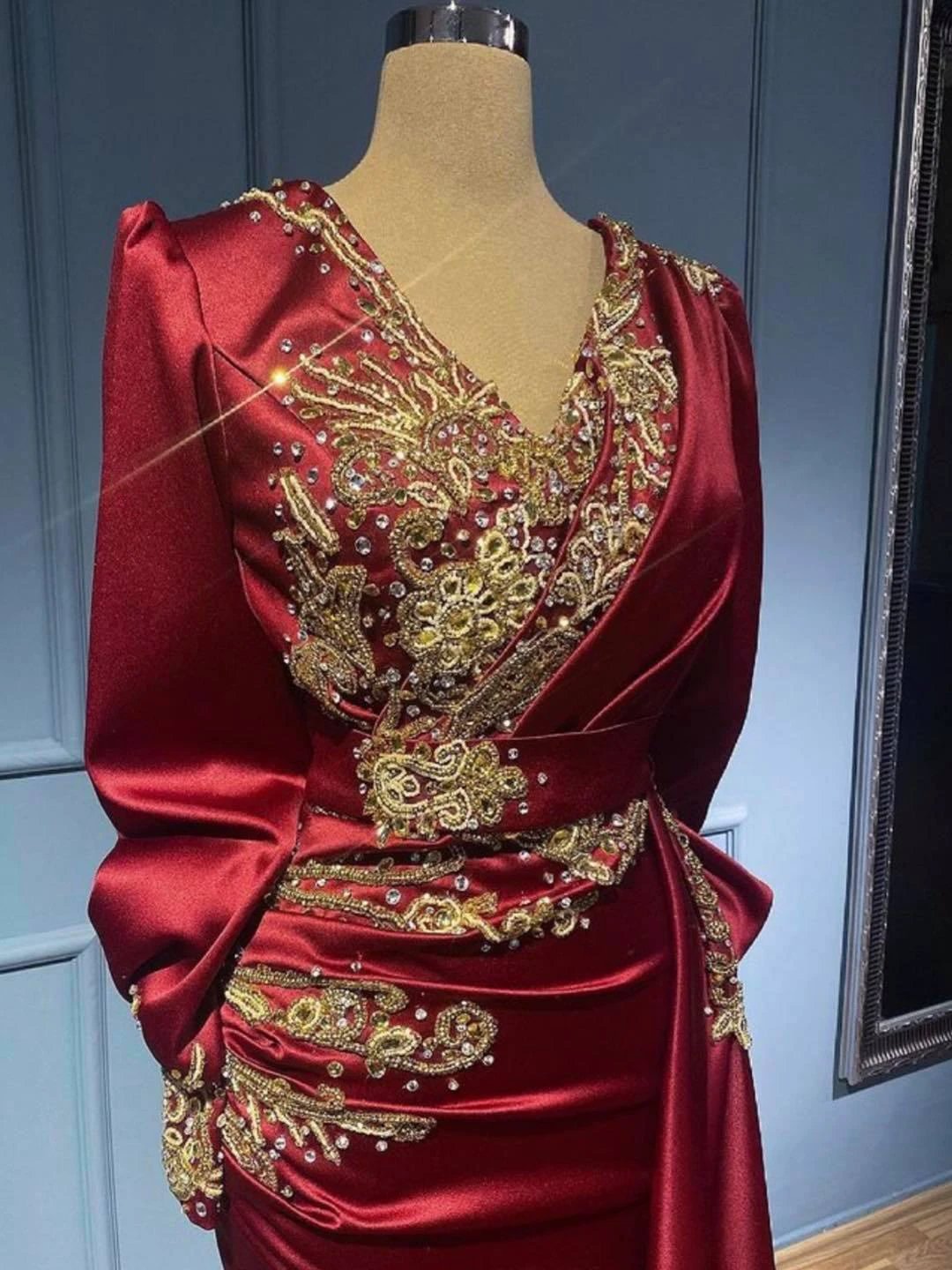 Long Mermaid V-neck Satin Beads Burgundy Prom Dress with Sleeves