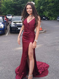 Long Mermaid V Neck Satin Formal Graduation Prom Dresses with Slit