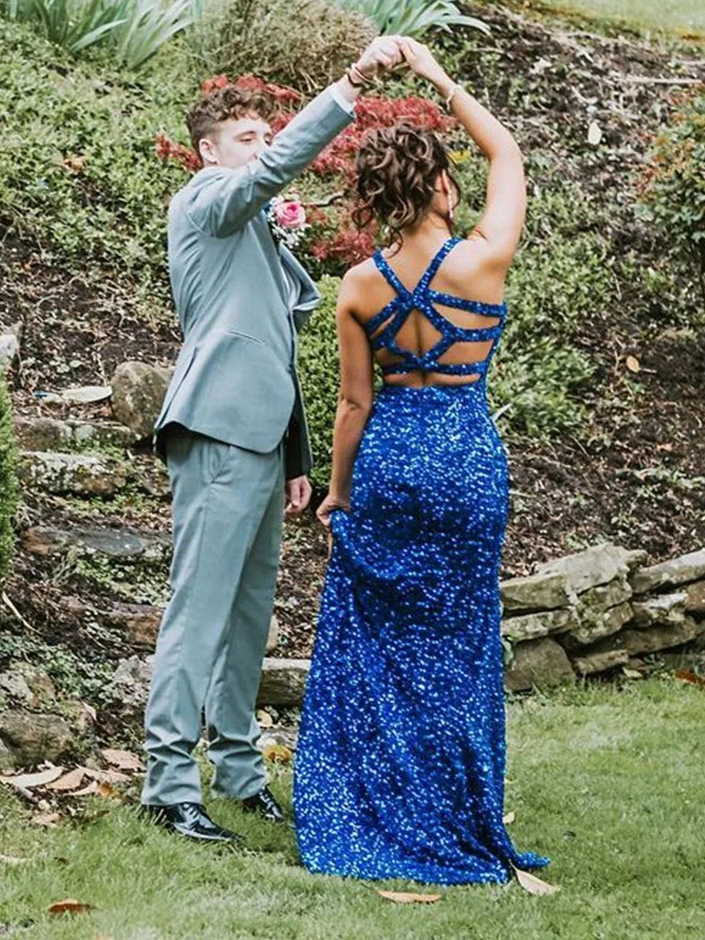 Long Mermaid V-neck Sequined Backless Prom Dress with Slit Blue Formal Evening Gowns