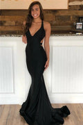 Long Mermaid V-neck Spaghetti Straps Backless Black Prom Dress