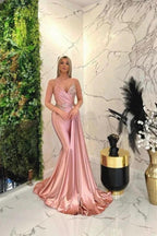 Long Mermaid V-neck Spaghetti Straps Glitter Pink Prom Dresses