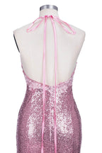 Long Mermaid V-neck Spaghetti Straps Pink Sequined Backless Prom Dress