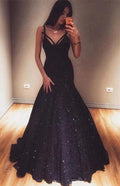 Long Mermaid V-neck Spaghetti Straps Sequined Prom Dress
